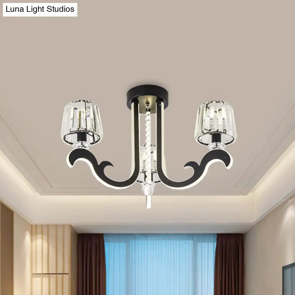 Modern Black Led Semi - Flush Ceiling Light With Crystal Block Shade - 3 - Light Bedroom Lamp