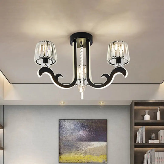 Modern Black Led Semi - Flush Ceiling Light With Crystal Block Shade - 3 - Light Bedroom Lamp