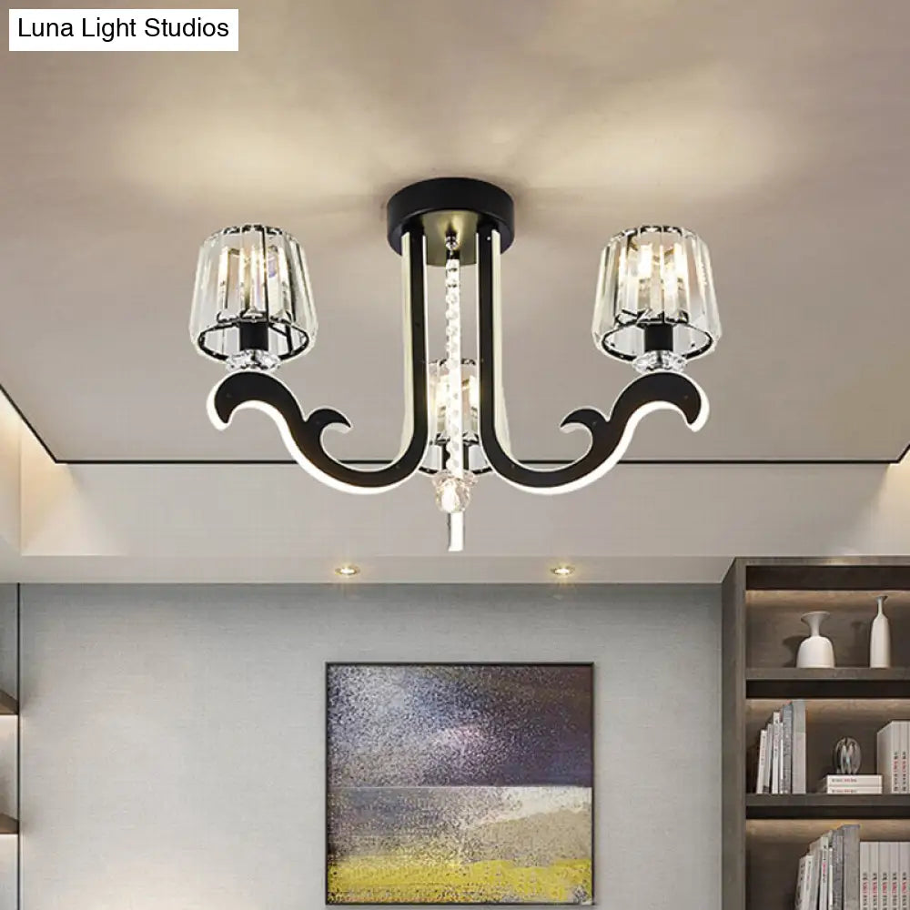 Modern Black Led Semi-Flush Ceiling Light With Crystal Block Shade - 3-Light Bedroom Lamp