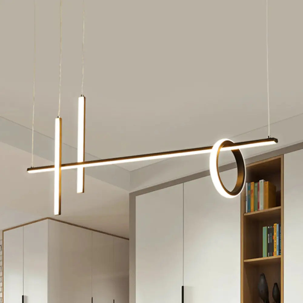 Modern Black Linear Island Led Pendant Light With Dual Lines And Ring