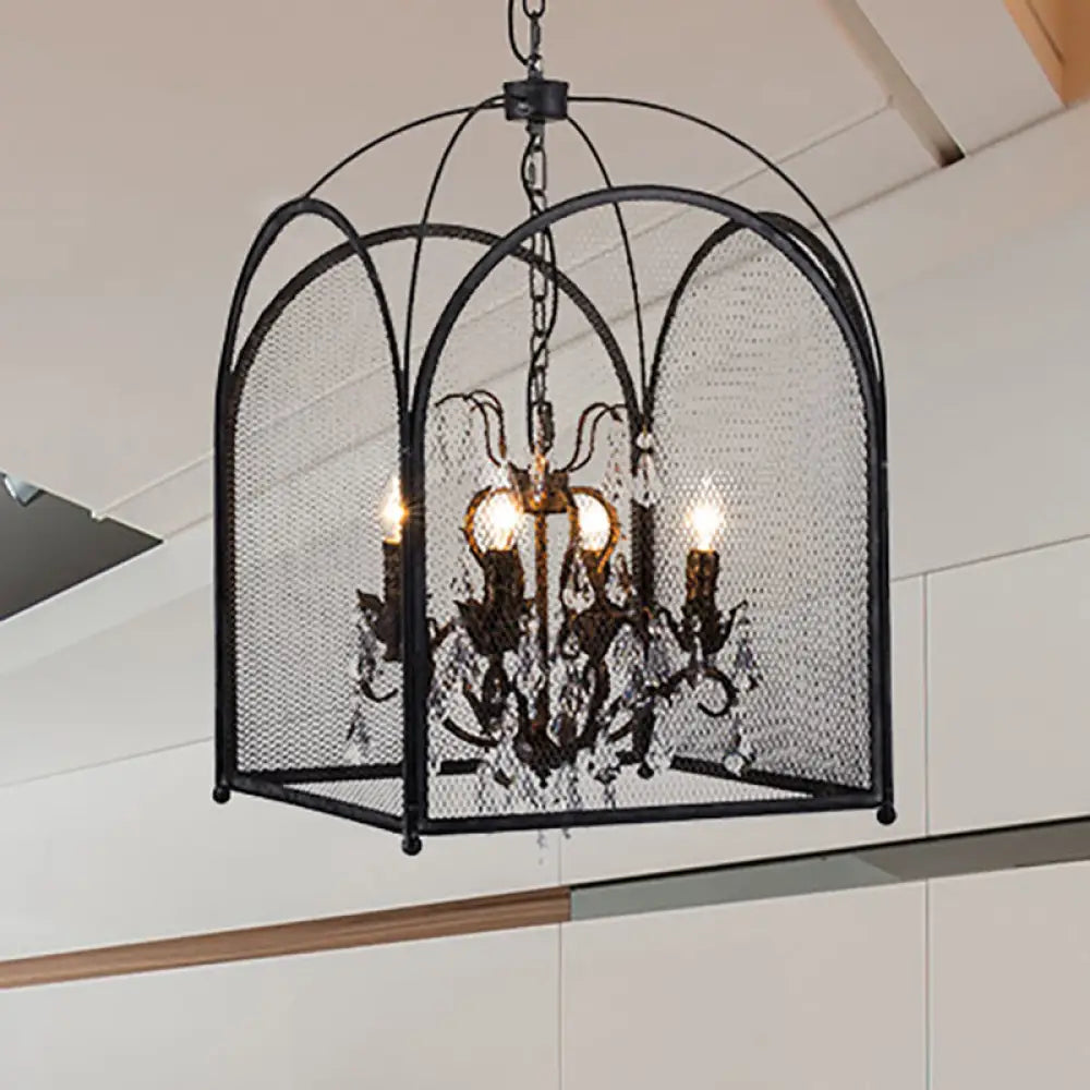 Modern Black Mesh Cage Chandelier Lamp With Crystal Accents - 4 Heads Hanging Light Kit For Living