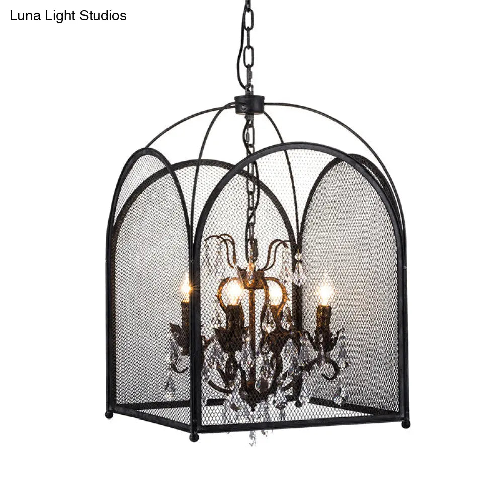 Modern Black Mesh Cage Chandelier Lamp With Crystal Accents - 4 Heads Hanging Light Kit For Living