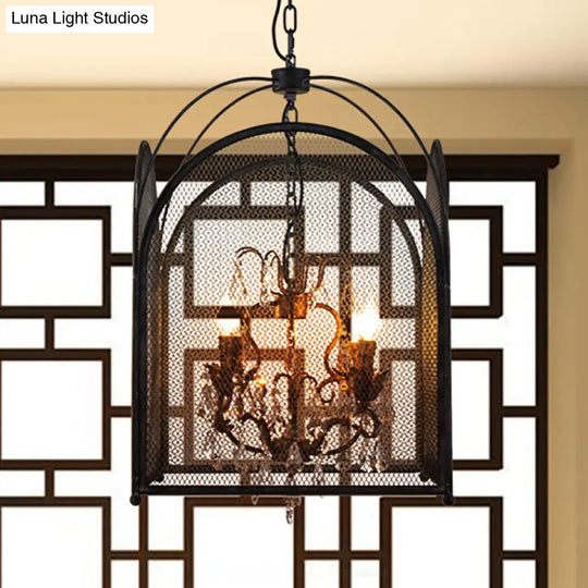 Modern Black Mesh Cage Chandelier Lamp With Crystal Accents - 4 Heads Hanging Light Kit For Living