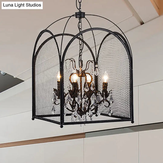 Modern Mesh Cage Chandelier With Crystal Accents - Black 4 Lights