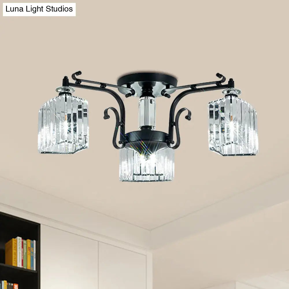 Modern Black Metal Ceiling Lamp: Scrolling Arm Semi Flush Mount With Clear Cubic Shade - Set Of 3