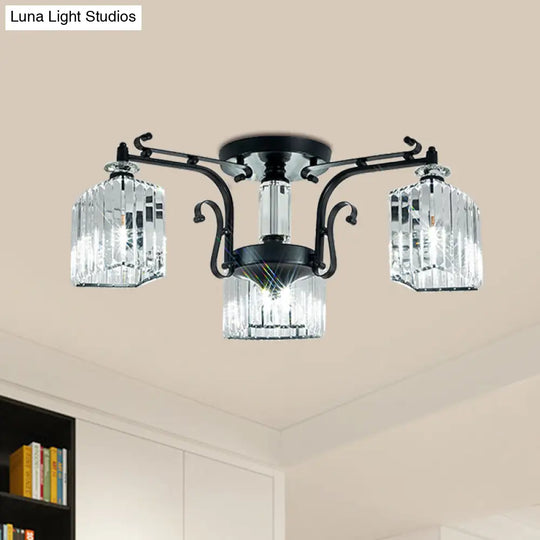 Modern Black Metal Ceiling Lamp: Scrolling Arm Semi Flush Mount With Clear Cubic Shade - Set Of 3