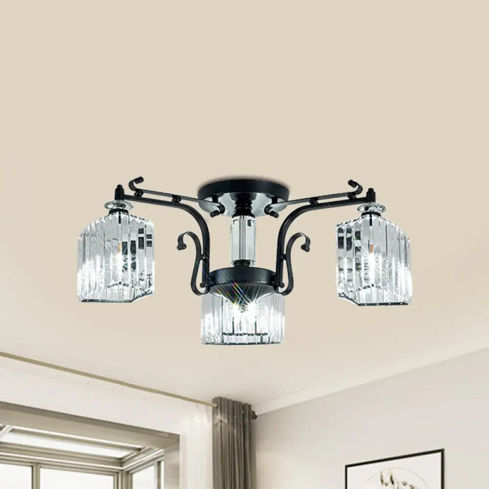 Modern Black Metal Ceiling Lamp: Scrolling Arm Semi Flush Mount With Clear Cubic Shade - Set Of 3