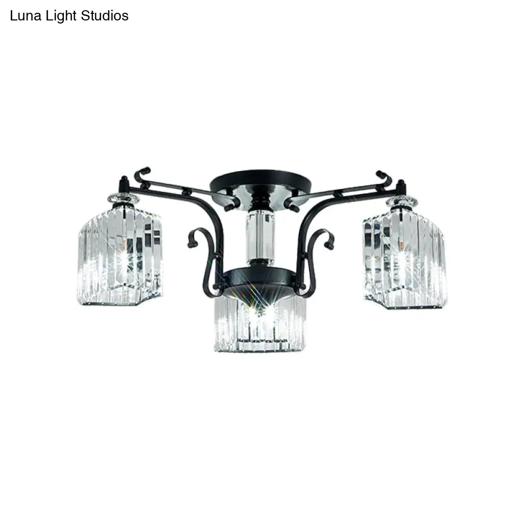 Modern Black Metal Ceiling Lamp: Scrolling Arm Semi Flush Mount With Clear Cubic Shade - Set Of 3