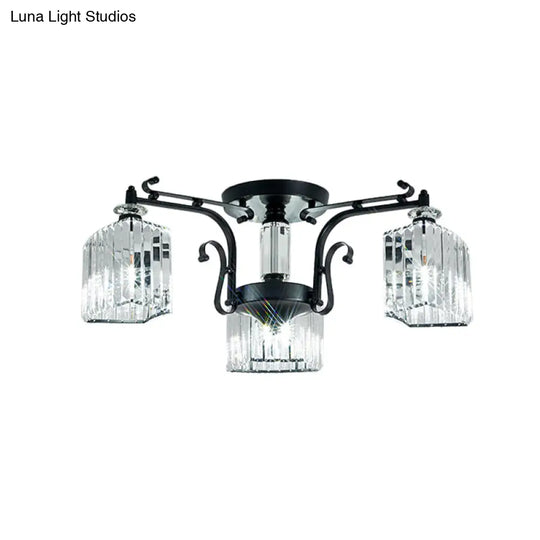 Modern Black Metal Ceiling Lamp: Scrolling Arm Semi Flush Mount With Clear Cubic Shade - Set Of 3