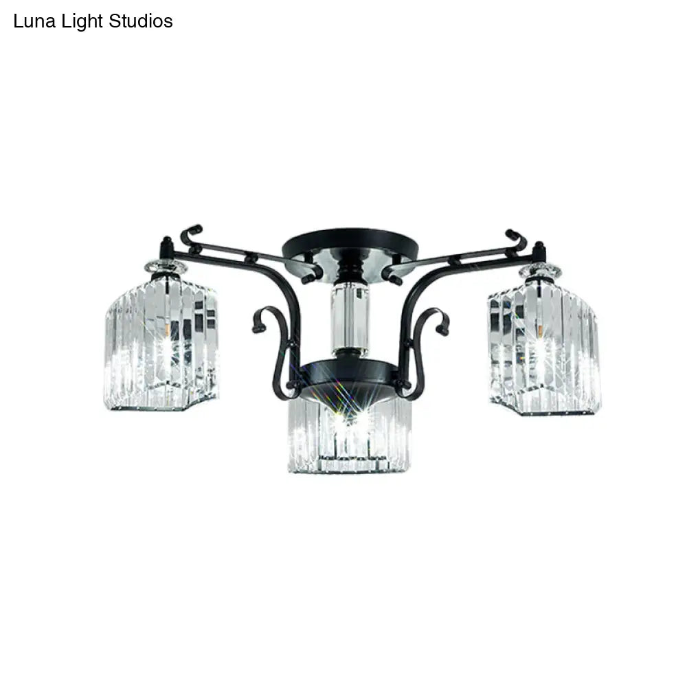 Modern Black Metal Ceiling Lamp: Scrolling Arm Semi Flush Mount With Clear Cubic Shade - Set Of 3