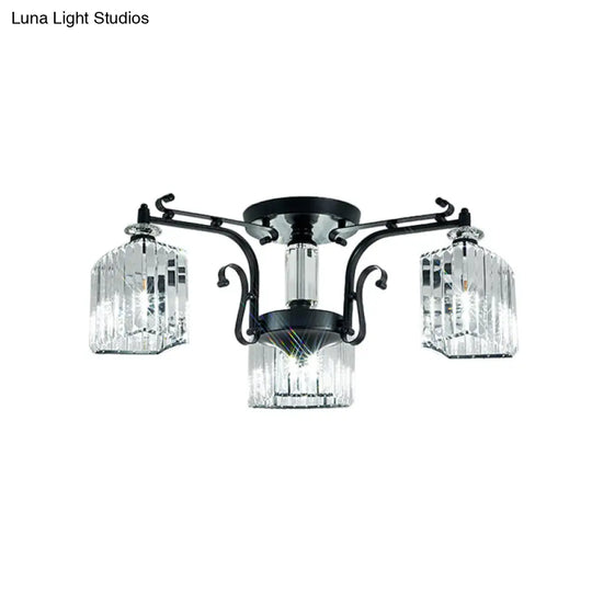 Modern Black Metal Ceiling Lamp: Scrolling Arm Semi Flush Mount With Clear Cubic Shade - Set Of 3