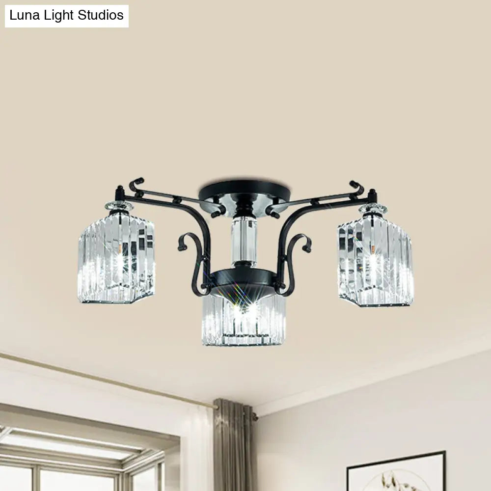 Modern Black Metal Ceiling Lamp: Scrolling Arm Semi Flush Mount With Clear Cubic Shade - Set Of 3