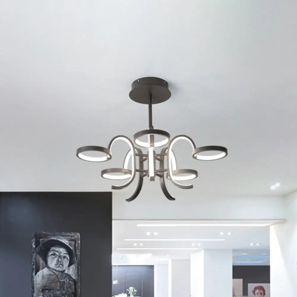 Modern Black Metal Chandelier Lighting - 5/6 Curve Arm Pendant Light In Warm/White 5 / White