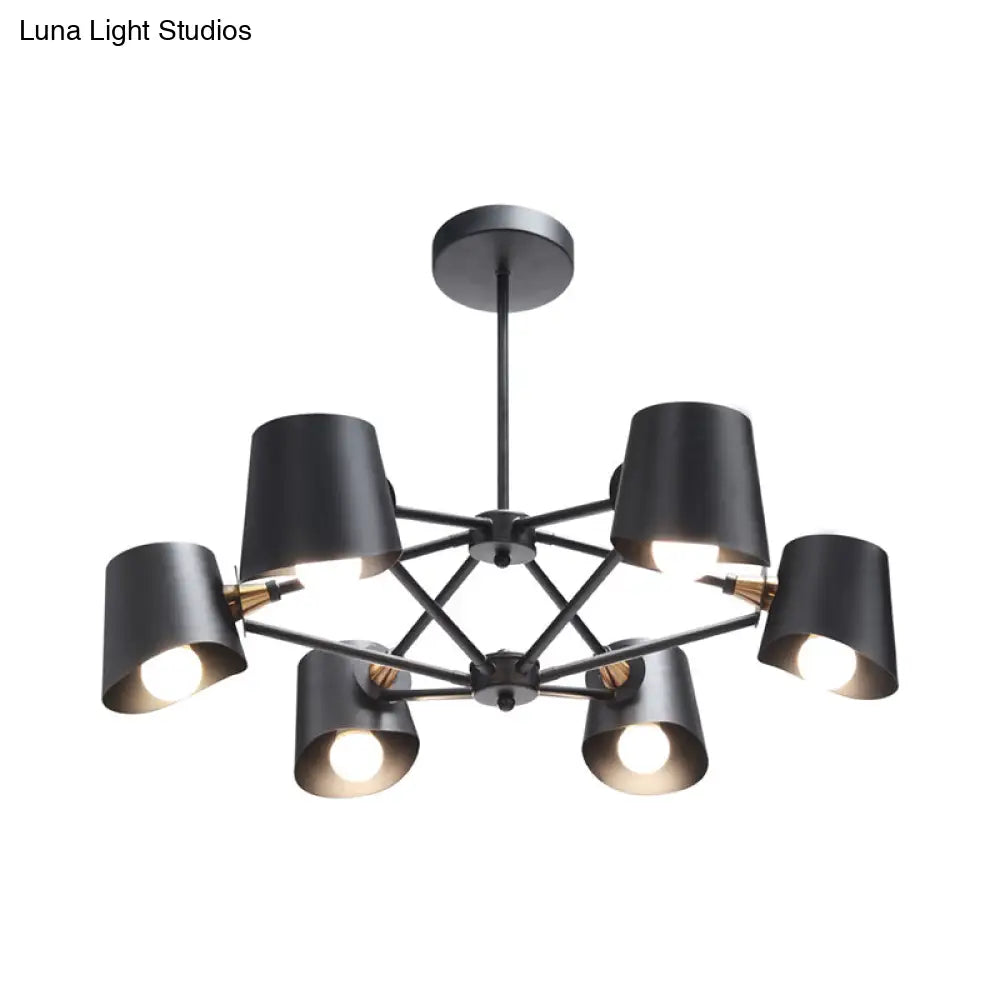 Modern Black Metal Chandelier With Bucket Shade - 6-Light Pendant For Study Room