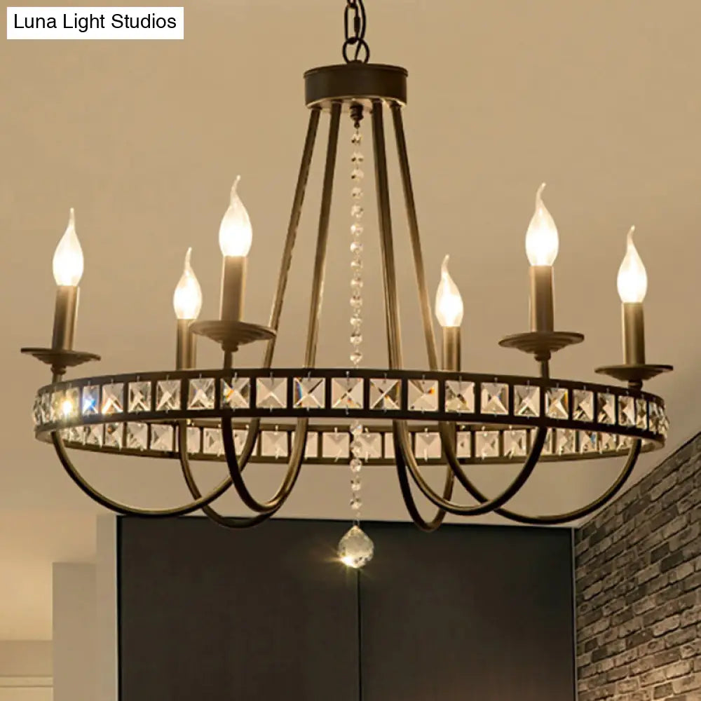 Black Metal Candle Chandelier With Clear Crystal Deco - 6/8 Light Pendant Fixture For Industrial