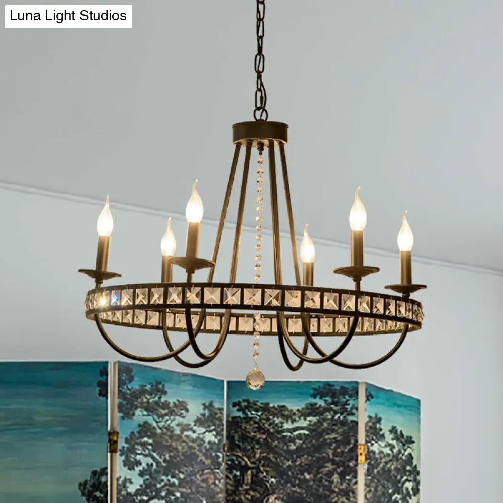 Black Metal Candle Chandelier With Clear Crystal Deco - 6/8 Light Pendant Fixture For Industrial