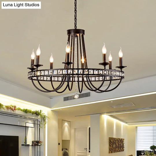 Black Metal Candle Chandelier With Clear Crystal Deco - 6/8 Light Pendant Fixture For Industrial