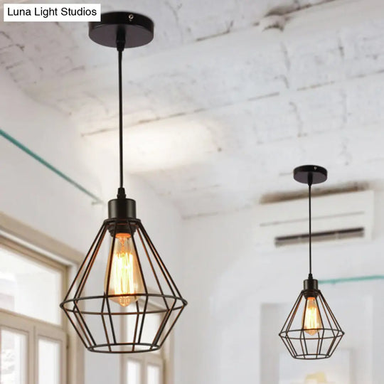 Modern Black Metal Diamond Cage Pendant Light Fixture For Restaurants