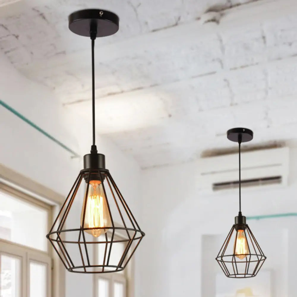 Modern Black Metal Diamond Cage Pendant Light For Restaurants - 1-Light Hanging Lamp Fixture