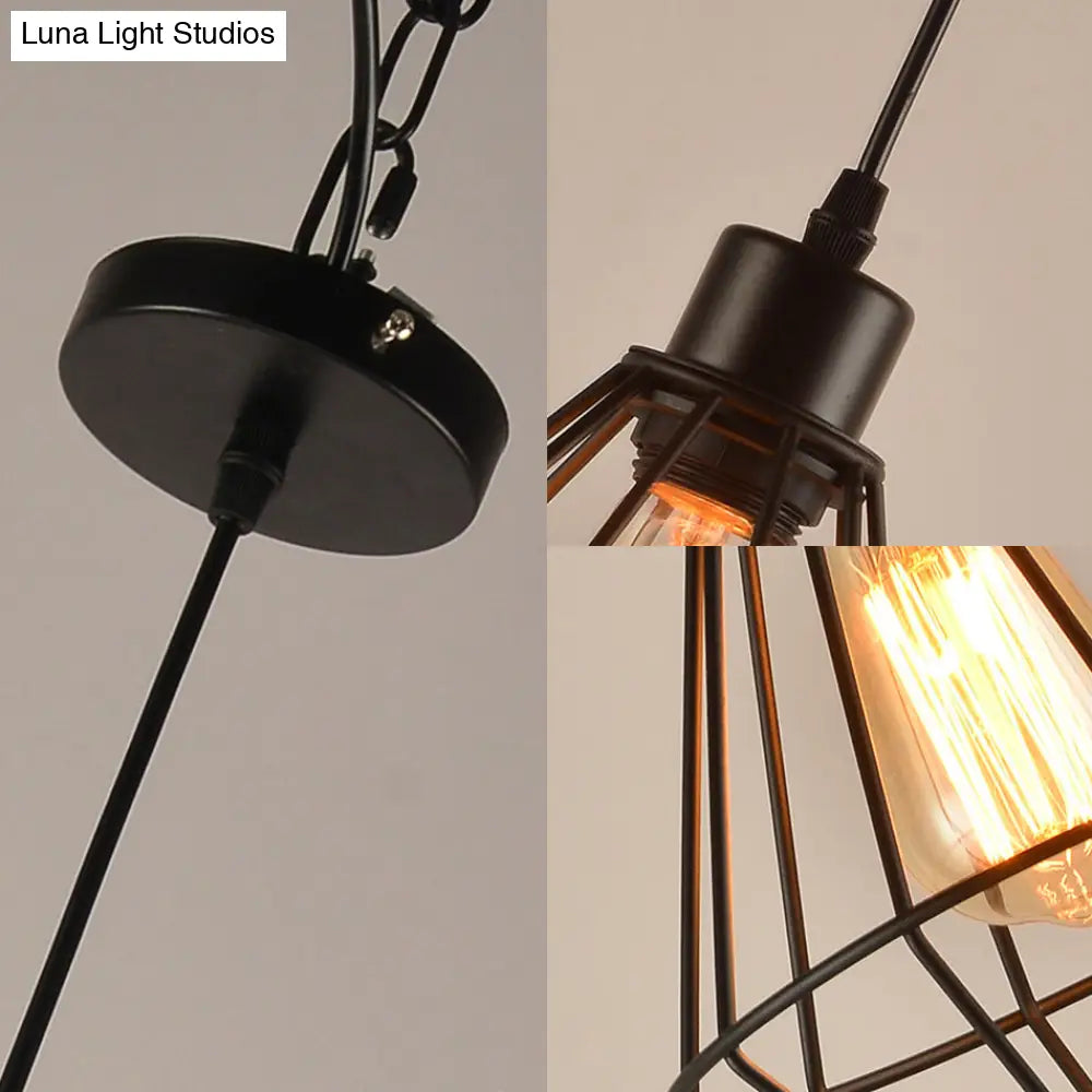 Modern Black Metal Diamond Cage Pendant Light For Restaurants - 1-Light Hanging Lamp Fixture