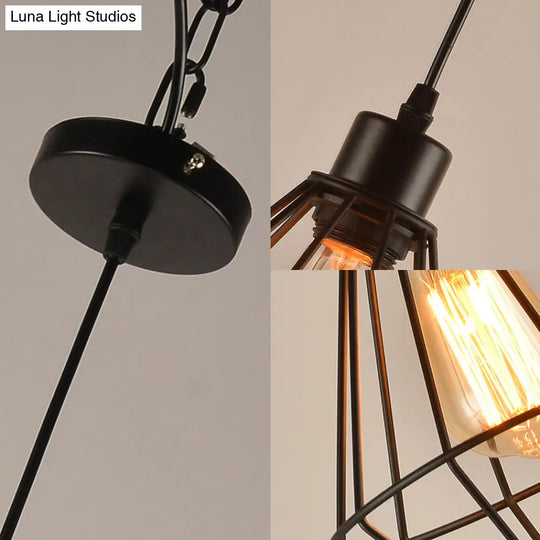 Modern Black Metal Diamond Cage Pendant Light For Restaurants - 1-Light Hanging Lamp Fixture