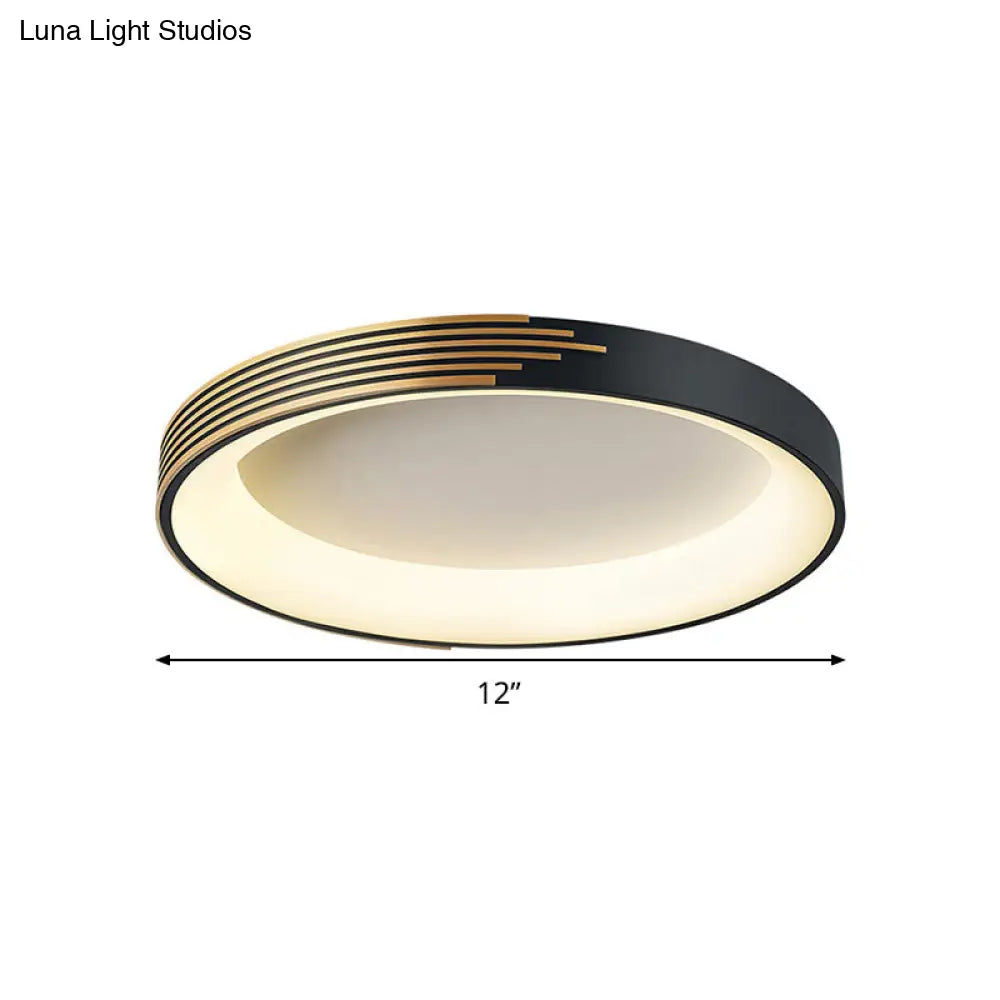 Modern Black Metal Drum Ceiling Light: Led Flush Mount For Bedroom - 12’/18’/23.5’ Wide