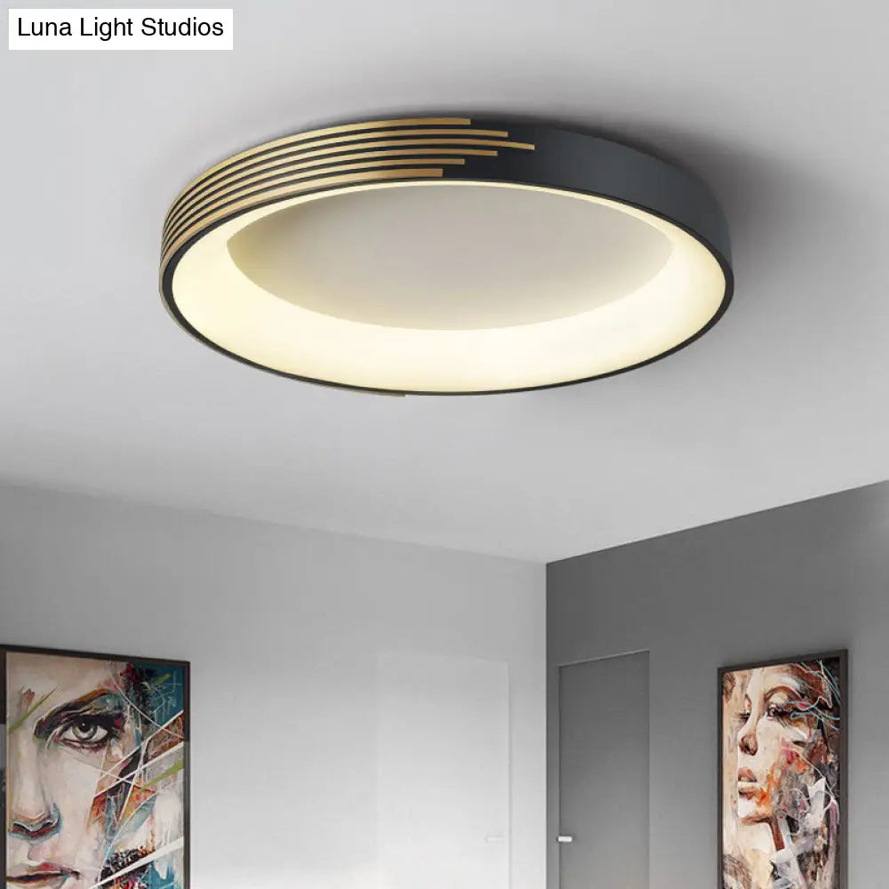 Modern Black Metal Drum Ceiling Light: Led Flush Mount For Bedroom - 12/18/23.5 Wide / 12