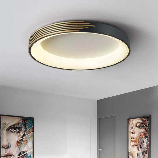 Modern Black Metal Drum Ceiling Light: Led Flush Mount For Bedroom - 12’/18’/23.5’ Wide / 12’