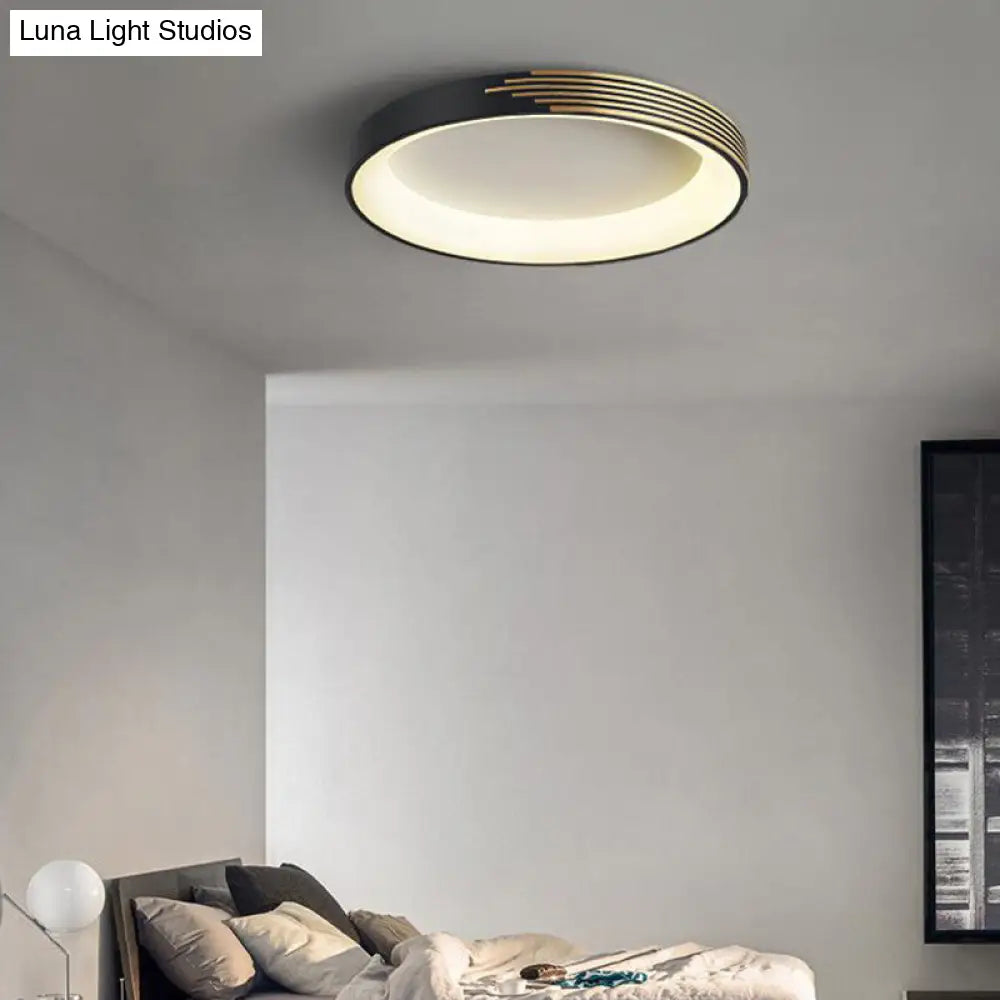 Modern Black Metal Drum Ceiling Light: Led Flush Mount For Bedroom - 12/18/23.5 Wide