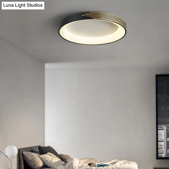 Modern Black Metal Drum Ceiling Light: Led Flush Mount For Bedroom - 12’/18’/23.5’ Wide