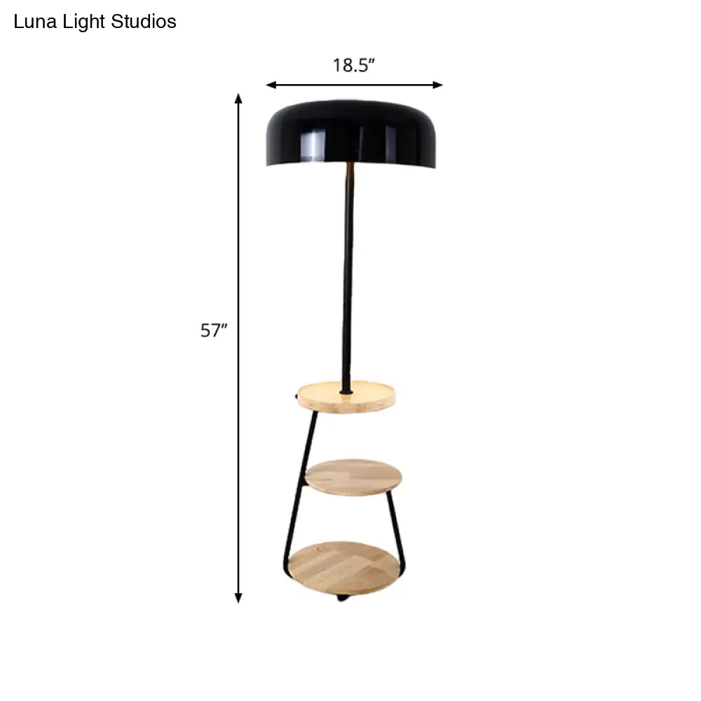 Modern Black Metal Floor Lamp With Wood Shelves - 2 Bulb Bowl Shade Light