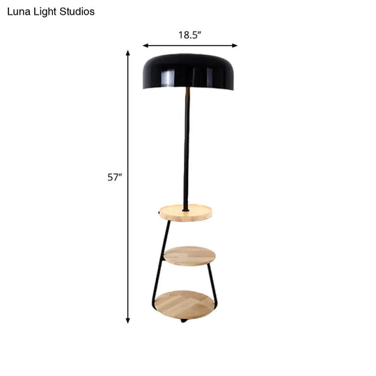 Modern Black Metal Floor Lamp With Wood Shelves - 2 Bulb Bowl Shade Light