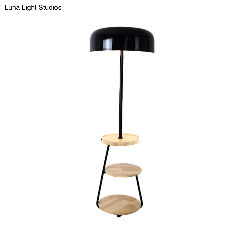 Modern Black Metal Floor Lamp With Wood Shelves - 2 Bulb Bowl Shade Light