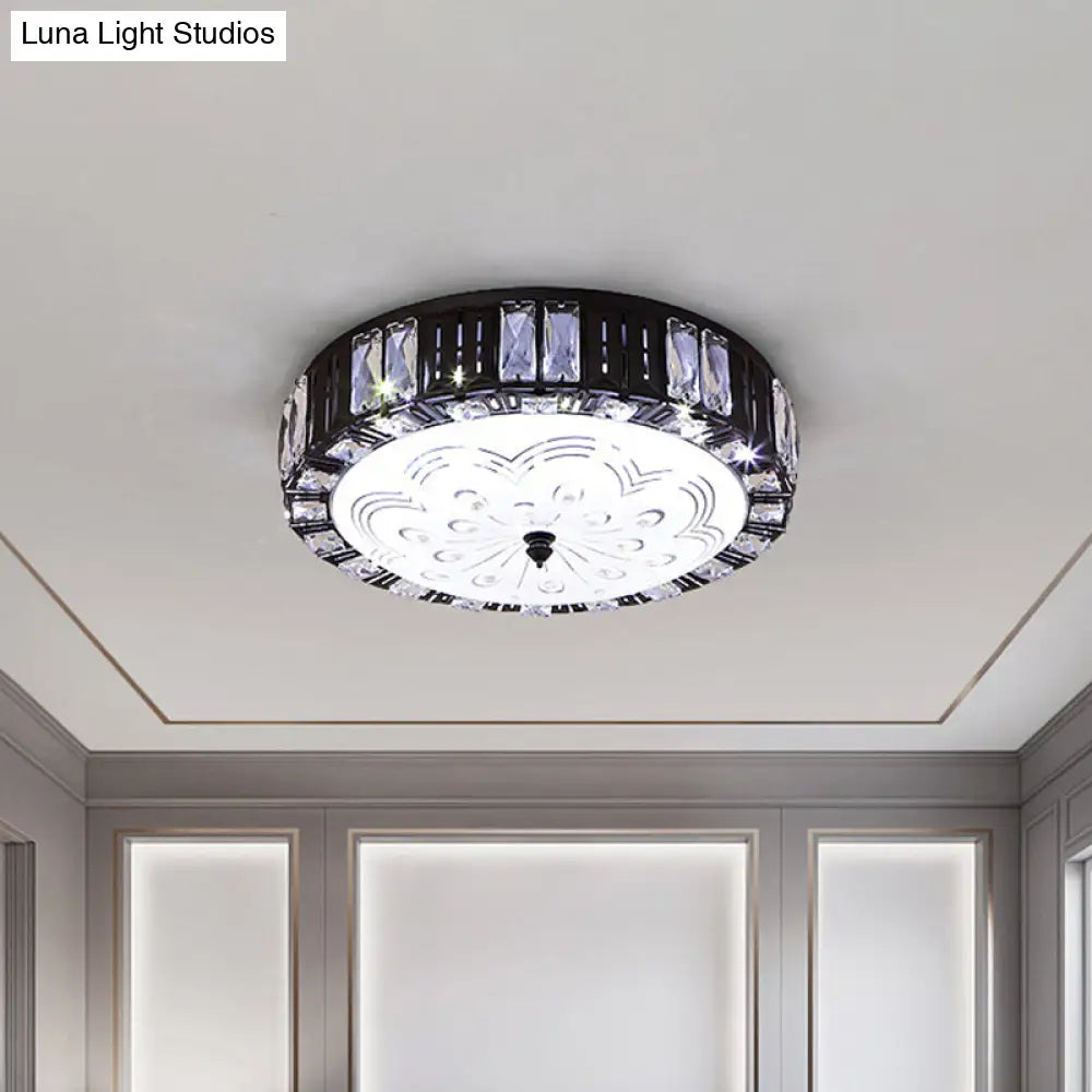Modern Black Metal Led Flush Mount Bedroom Lamp With Crystal Accent / A