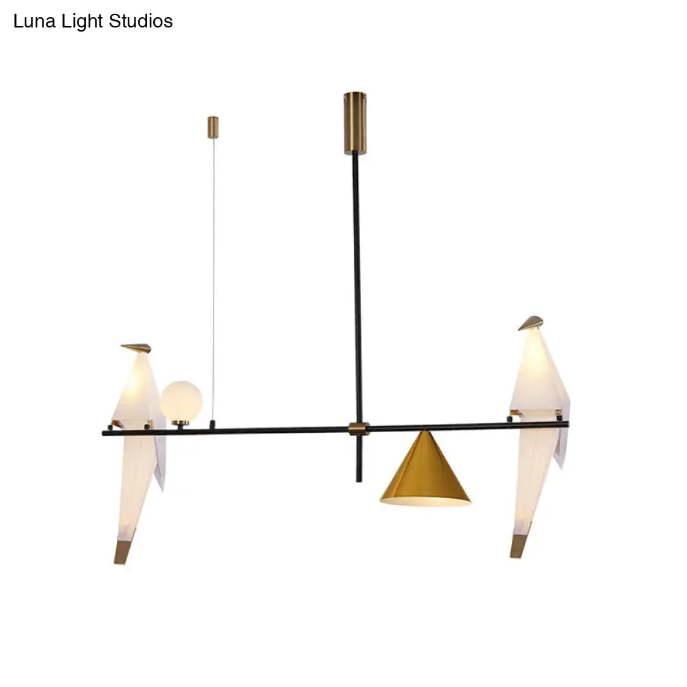 Black Metal Pendant Chandelier With Modern Paper Crane Design And Cone Shades - Ideal For Dining