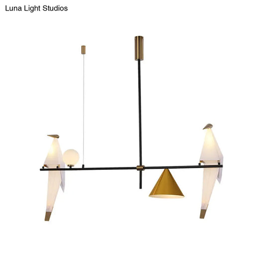 Black Metal Pendant Chandelier With Modern Paper Crane Design And Cone Shades - Ideal For Dining