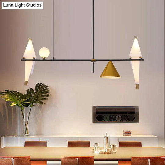 Black Metal Pendant Chandelier With Modern Paper Crane Design And Cone Shades - Ideal For Dining