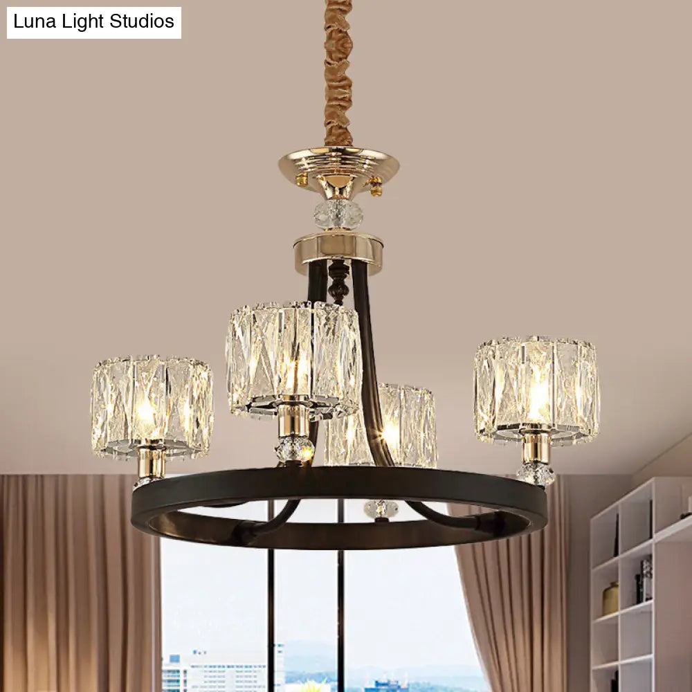 Modern Black Metal Pendant Chandelier With Clear Crystal Shade - 4 Head Ring Kit