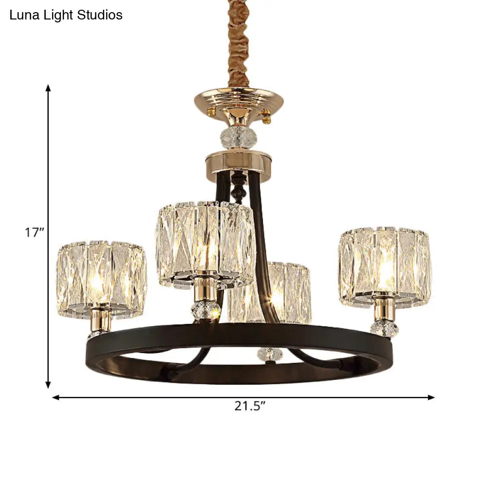 Modern Black Metal Pendant Chandelier With Clear Crystal Shade - 4 Head Ring Kit