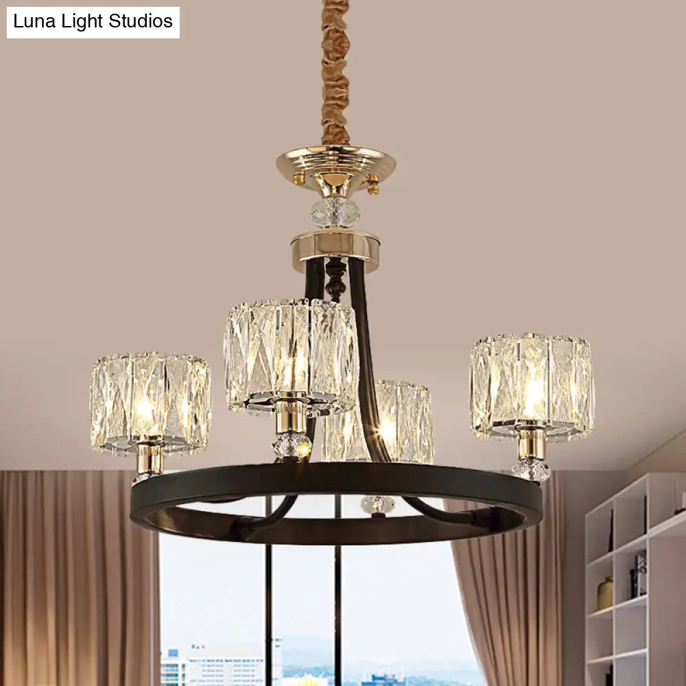 Modern Black Metal Pendant Chandelier With Crystal Drum Shade - 4 Head Ring Hanging Lamp Kit