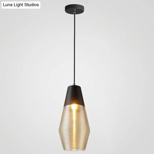 Modern Black Metal Pendant Light With Ribbed Glass Shade / 6.5