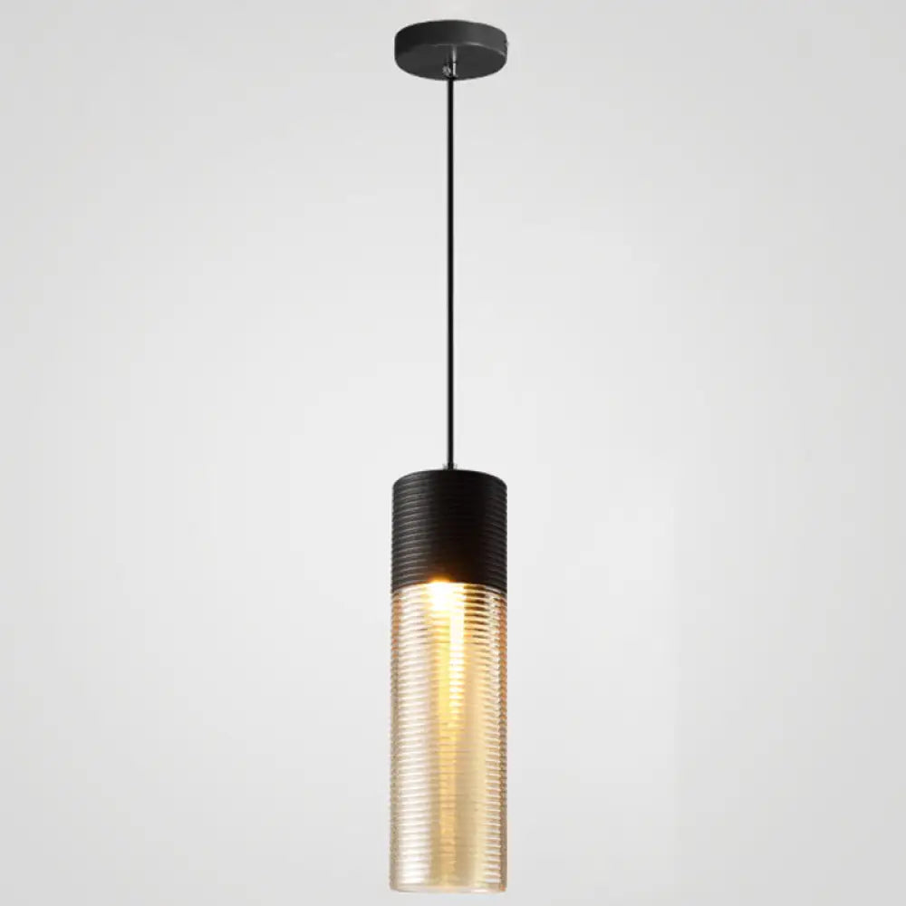 Modern Black Metal Pendant Light With Ribbed Glass Shade - 1-Light Hanging Lamp / 4’