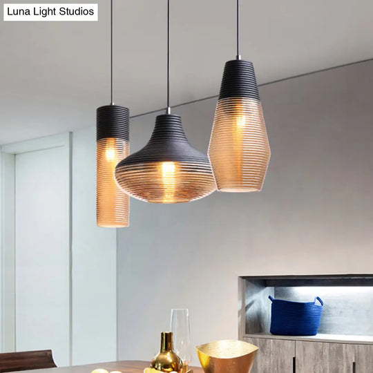 Modern Black Metal Pendant Light With Ribbed Glass Shade - 1-Light Hanging Lamp