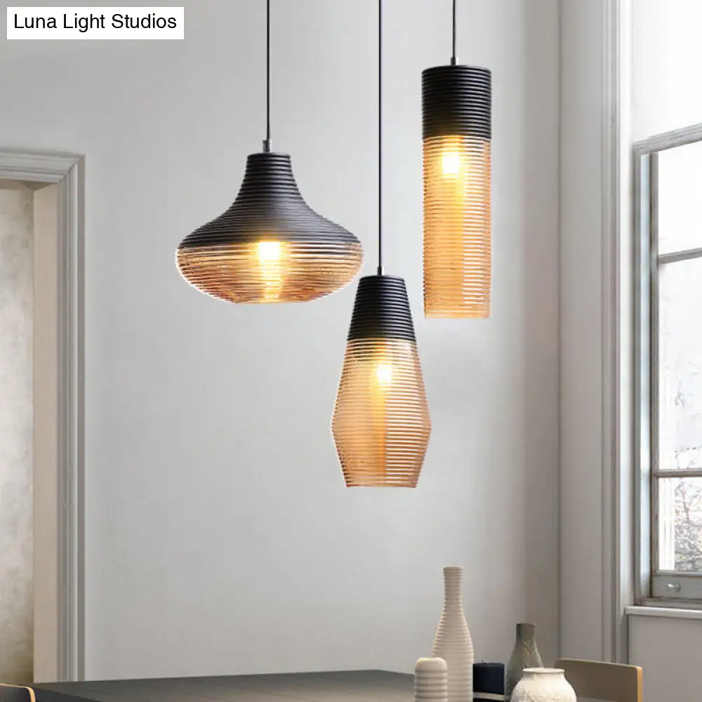 Modern Black Metal Pendant Light With Ribbed Glass Shade - 1-Light Hanging Lamp