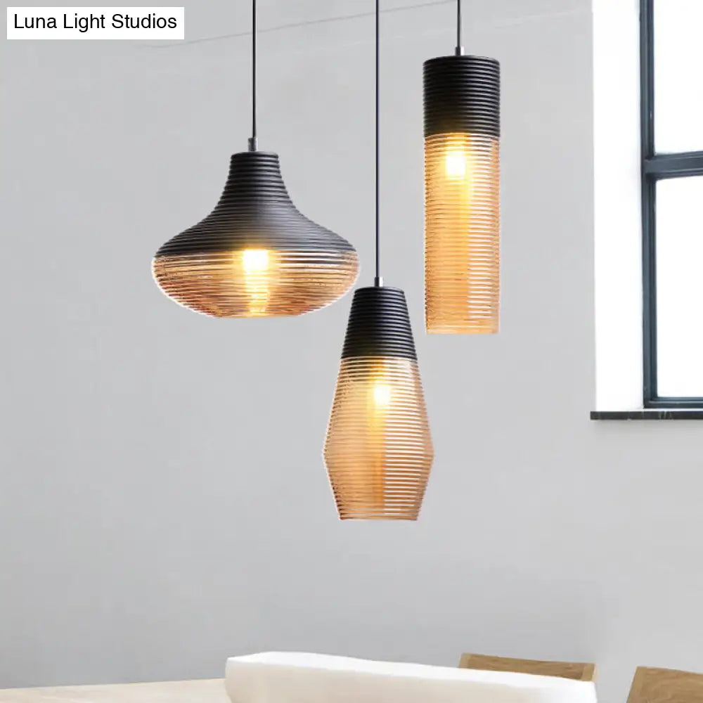 Modern Black Metal Pendant Light With Ribbed Glass Shade