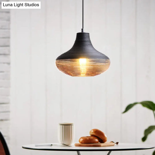 Modern Black Metal Pendant Light With Ribbed Glass Shade