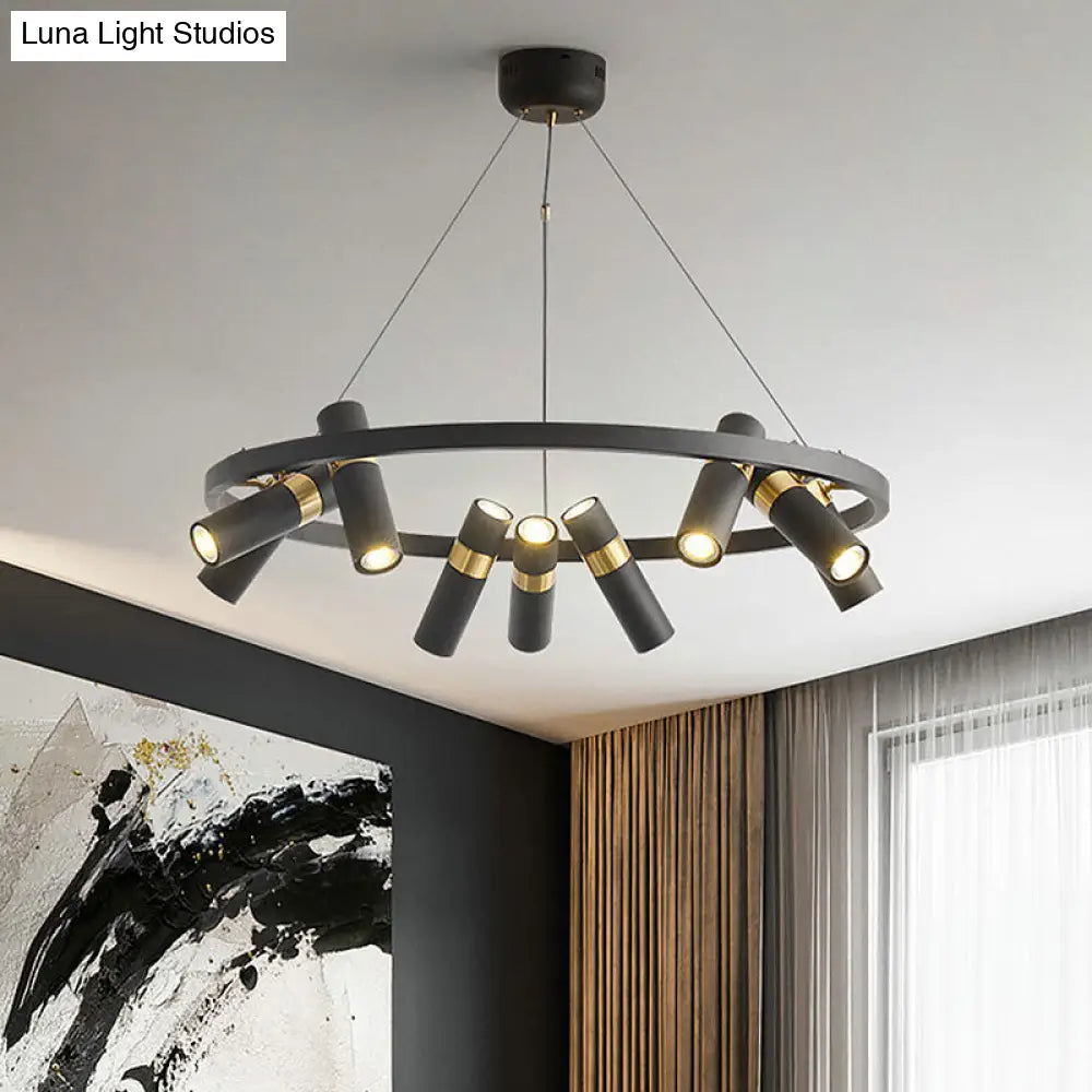 Round Metal Pipe Pendant Chandelier - Black Finish 6/9 Heads Bedroom Ceiling Light 9 /