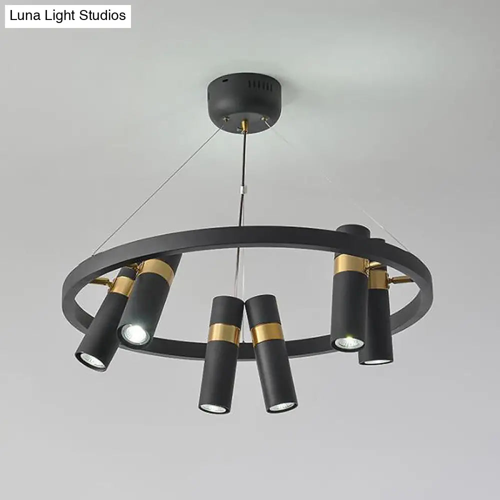 Round Metal Pipe Pendant Chandelier - Black Finish 6/9 Heads Bedroom Ceiling Light