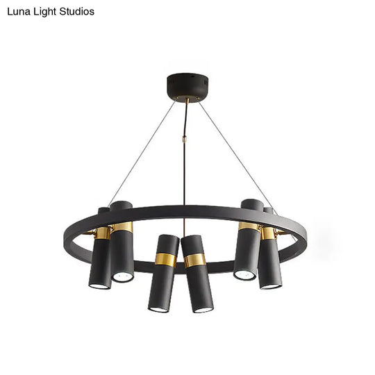 Round Metal Pipe Pendant Chandelier - Black Finish 6/9 Heads Bedroom Ceiling Light