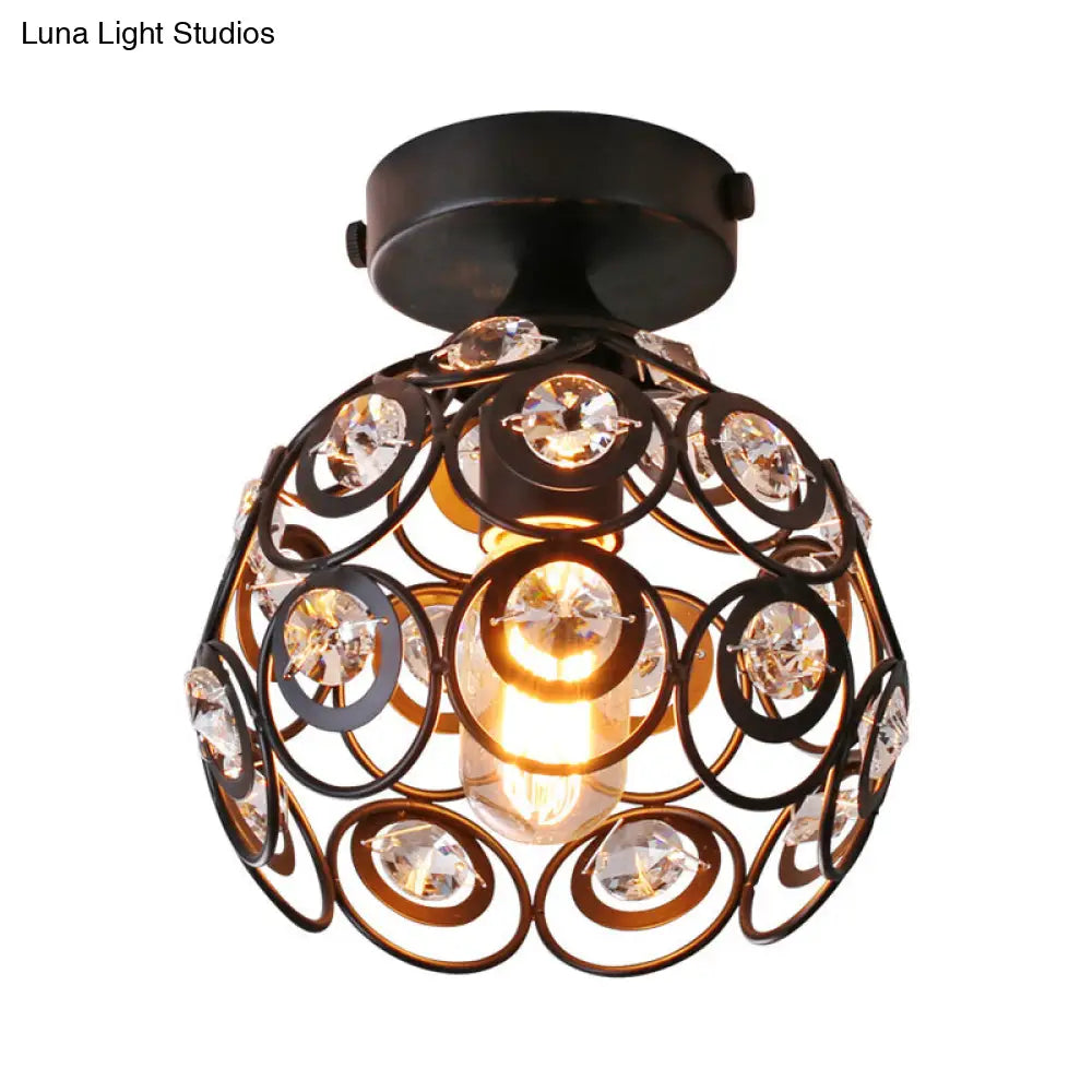 Modern Black Metal Semi Flush Pendant Light With Clear Crystal Deco - Dome Shade Ceiling Mounted